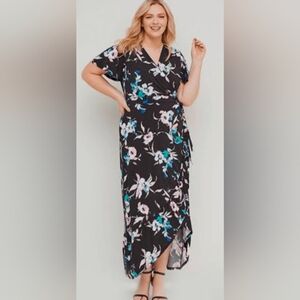 Lane Bryant Black Floral Wrap Tie Front Maxi Dress